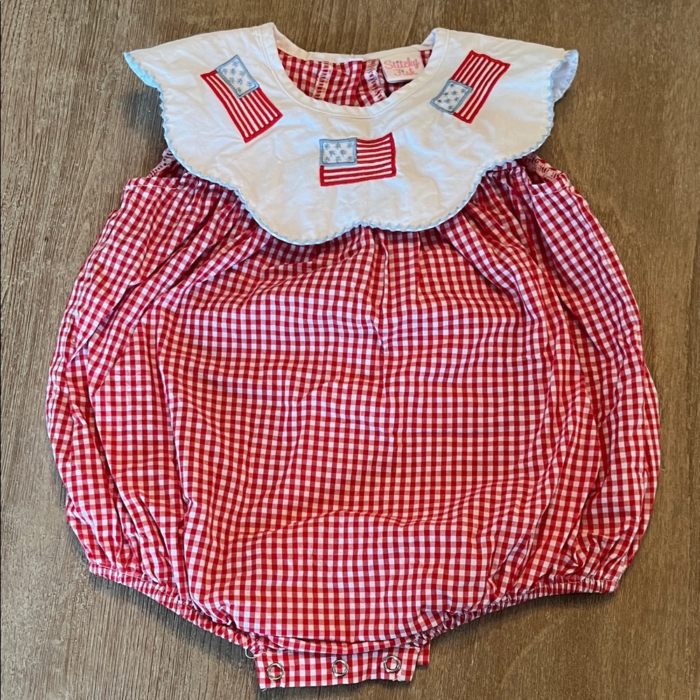 Smocked Red Gingham Baby One-Piece with Flag Collar